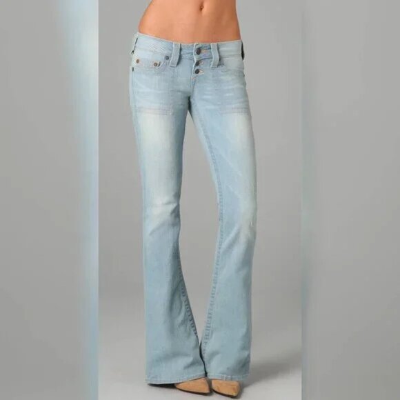True Religion Morgan Sunbleached Light Distressed Wide Leg Flare Jeans - Picture 1 of 13